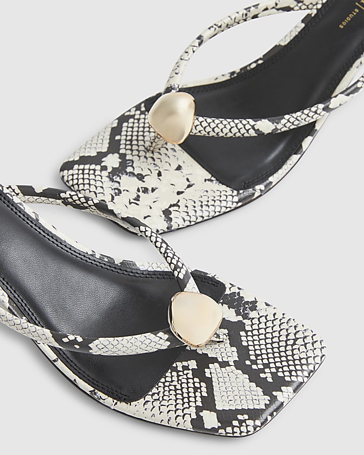 Beige Snake Print Toe Thong Heeled Sandals