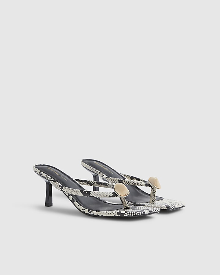 Beige Snake Print Toe Thong Heeled Sandals