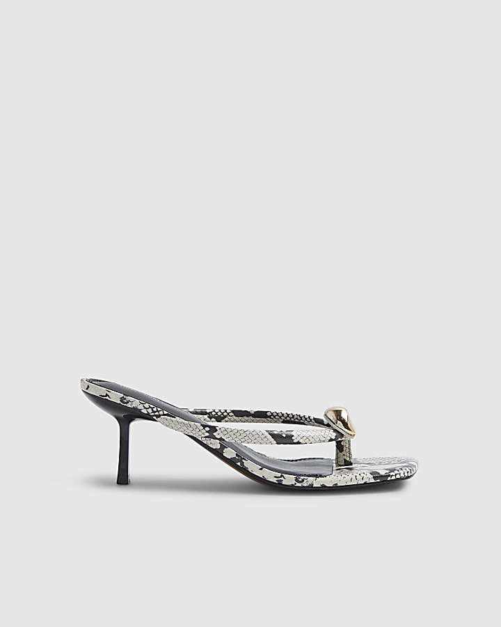 Beige Snake Print Toe Thong Heeled Sandals