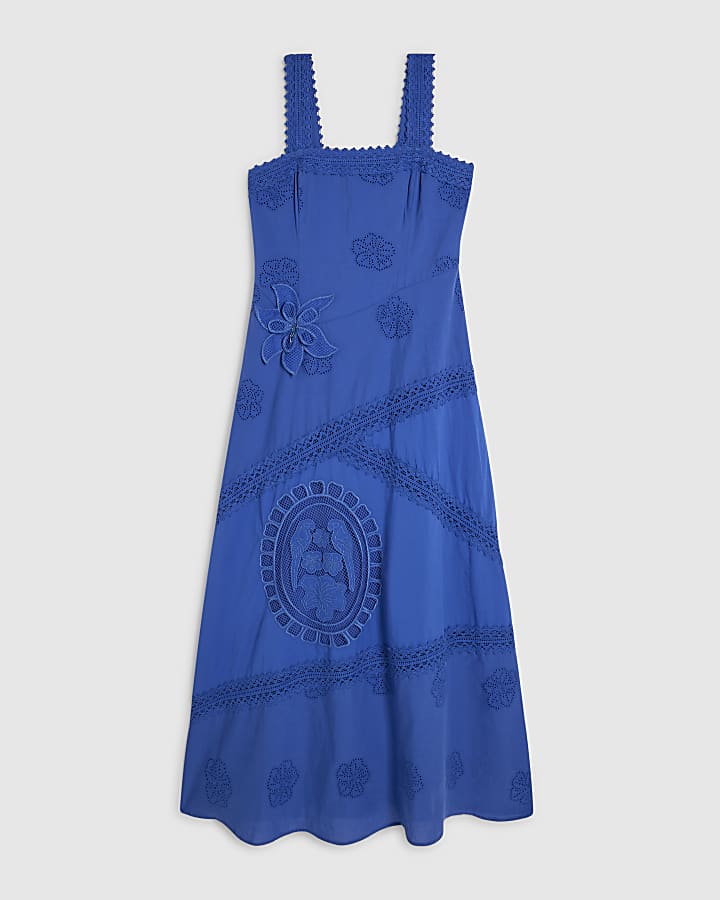 Blue Strappy Cutwork Maxi Dress