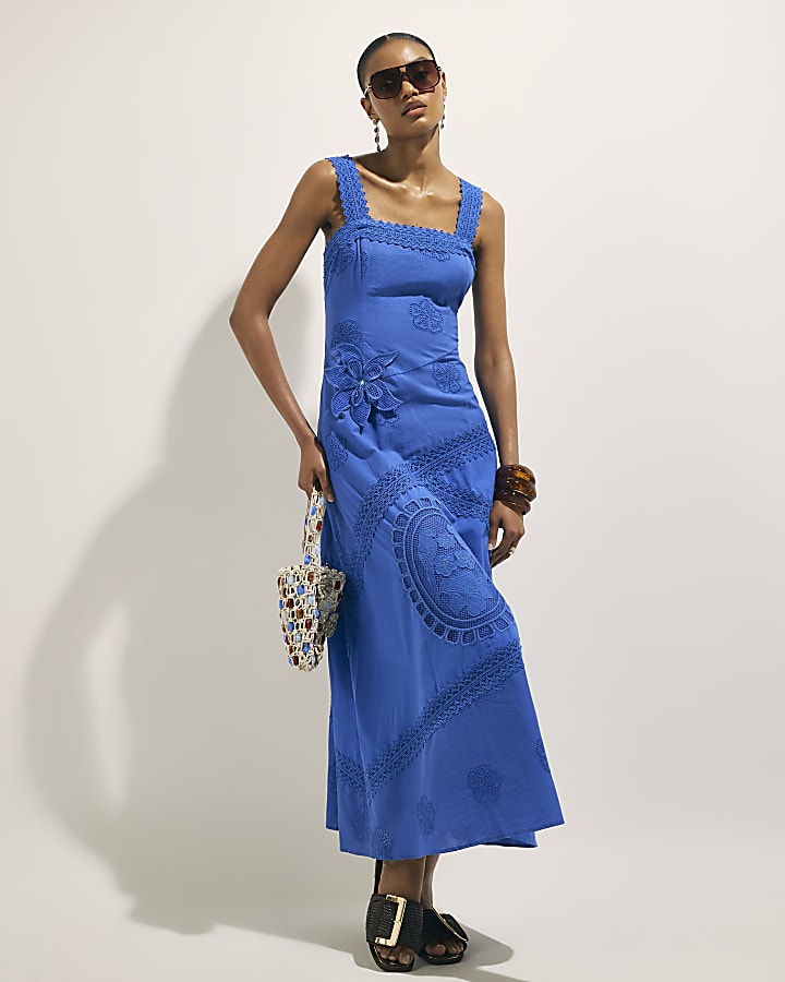 Blue Strappy Cutwork Maxi Dress