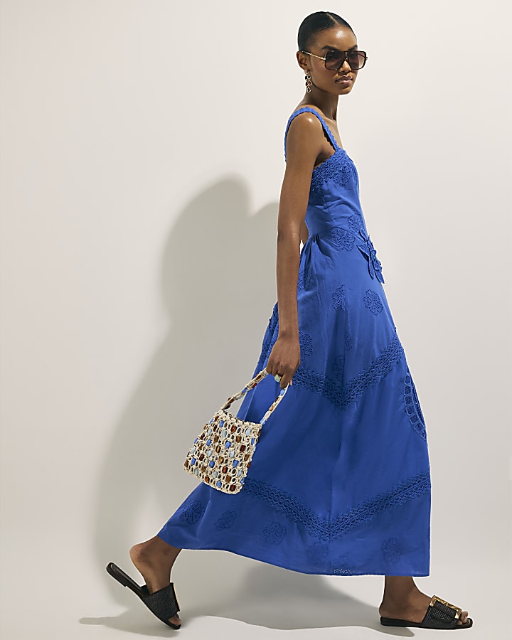 Blue Strappy Cutwork Maxi Dress