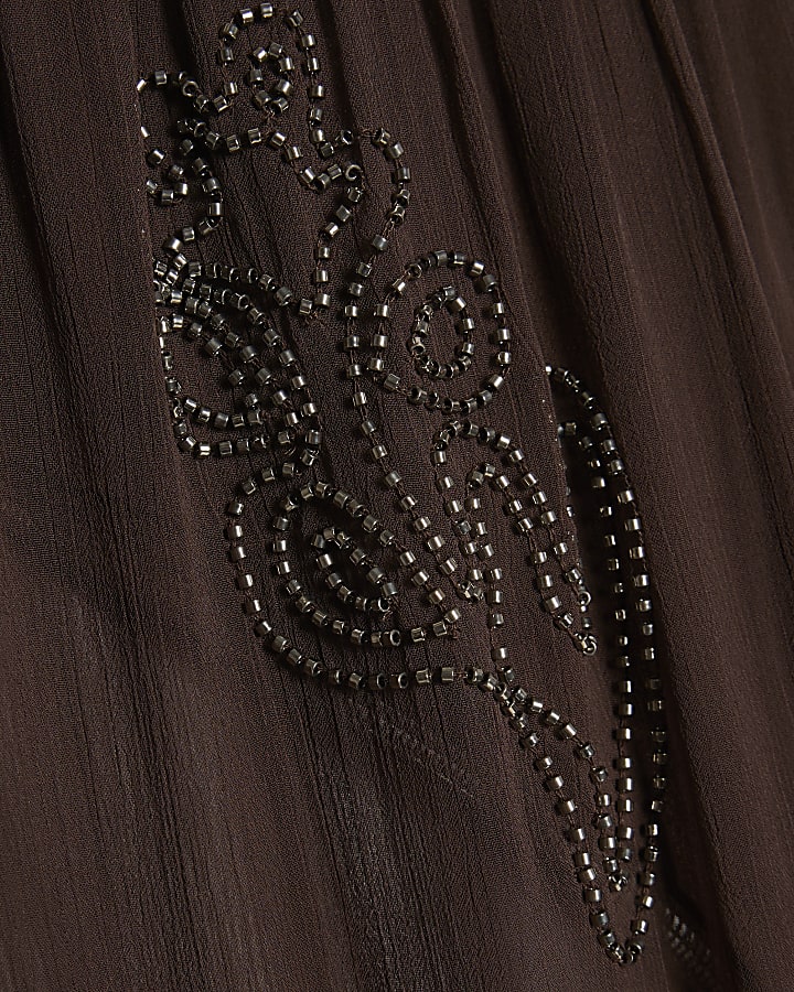 Brown Embellished Wide Leg Beach Trousers