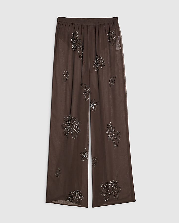Brown Embellished Wide Leg Beach Trousers