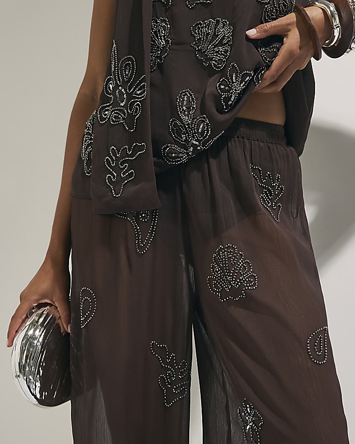 Brown Embellished Wide Leg Beach Trousers
