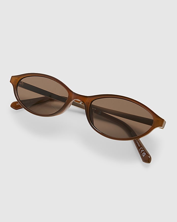 Brown Slim Oval Gold Temple Sunglasses