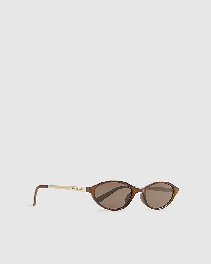 Brown Slim Oval Gold Temple Sunglasses