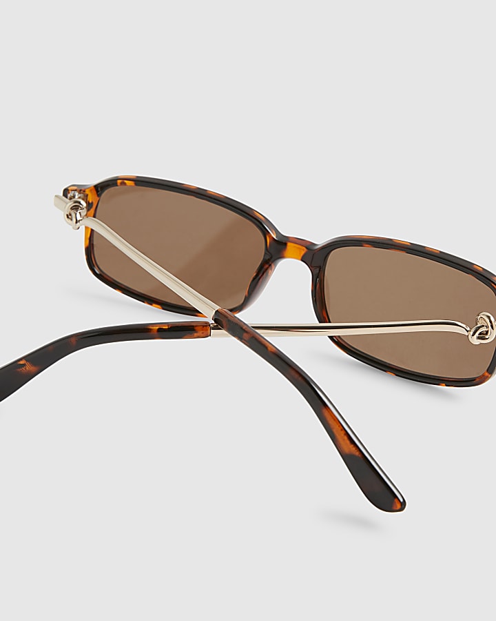Brown Slim Rectangle Knot Temple Sunglasses