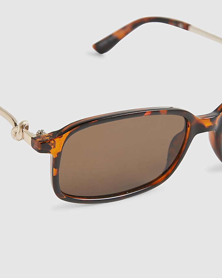 Brown Slim Rectangle Knot Temple Sunglasses