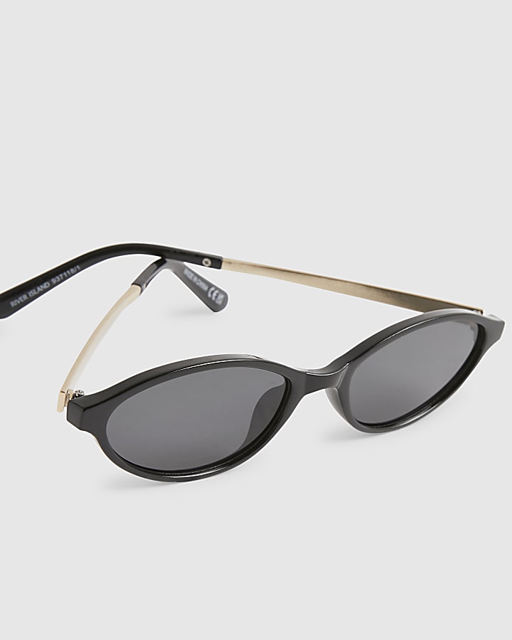 Black Slim Oval Gold Temple Sunglasses
