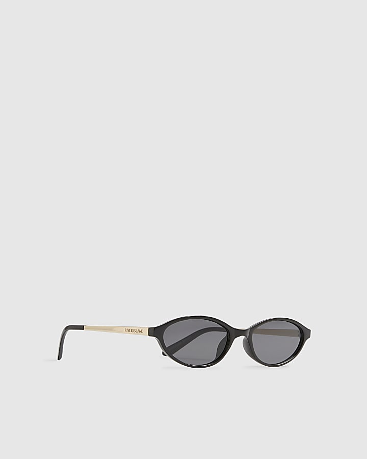 Black Slim Oval Gold Temple Sunglasses