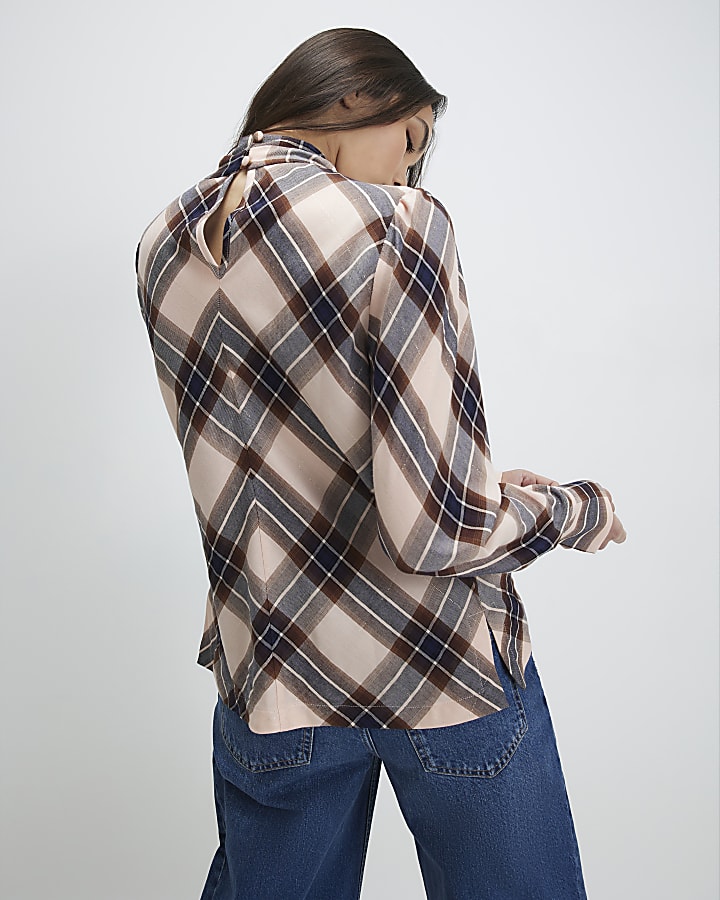 Pink Check Print Long Sleeve Blouse