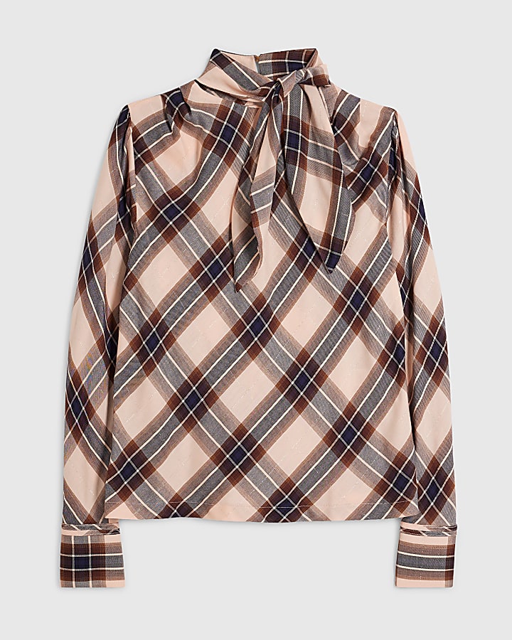 Pink Check Print Long Sleeve Blouse