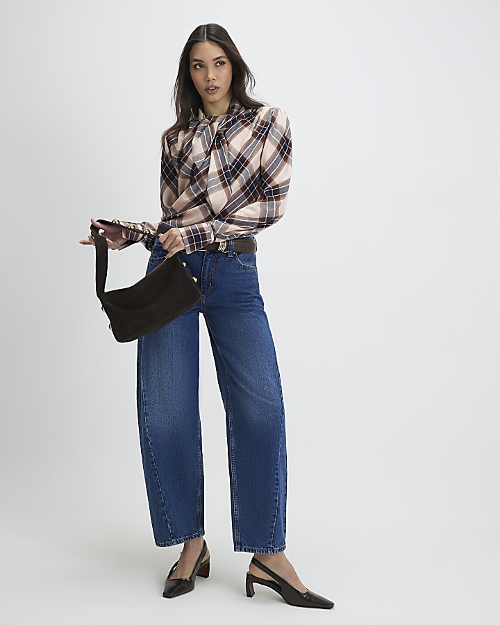 Pink Check Print Long Sleeve Blouse