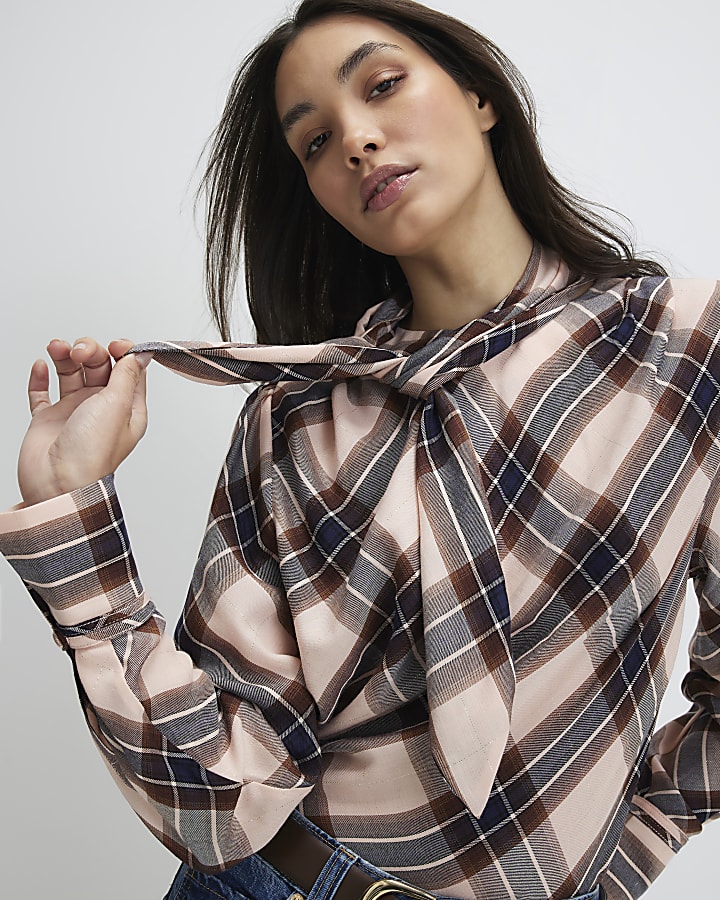 Pink Check Print Long Sleeve Blouse