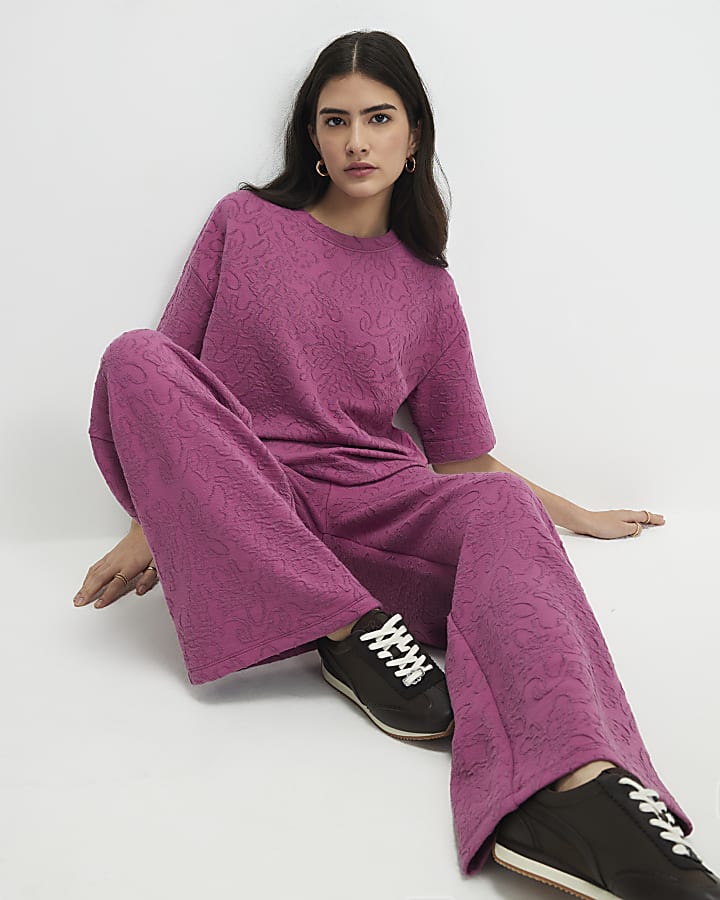 Petite Pink Jacquard Wide Leg Trousers