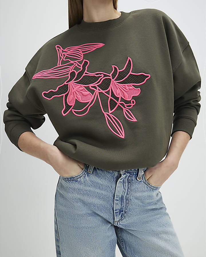 Khaki Contrast Embroidered Floral Sweatshirt
