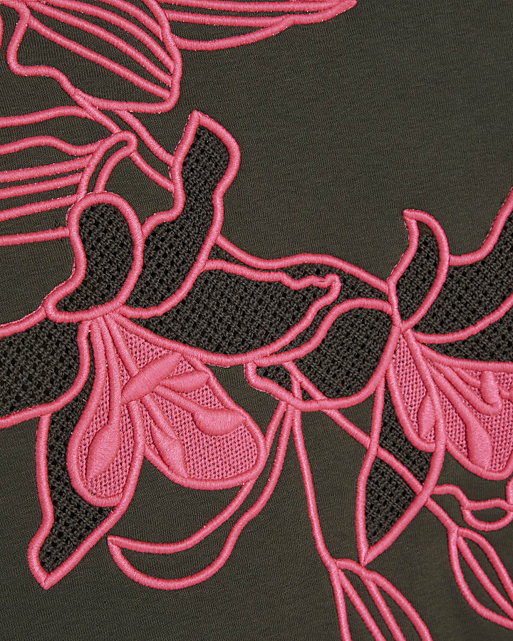 Khaki Contrast Embroidered Floral Sweatshirt