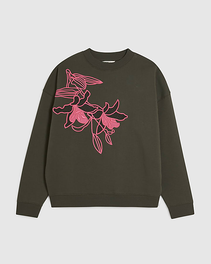 Khaki Contrast Embroidered Floral Sweatshirt