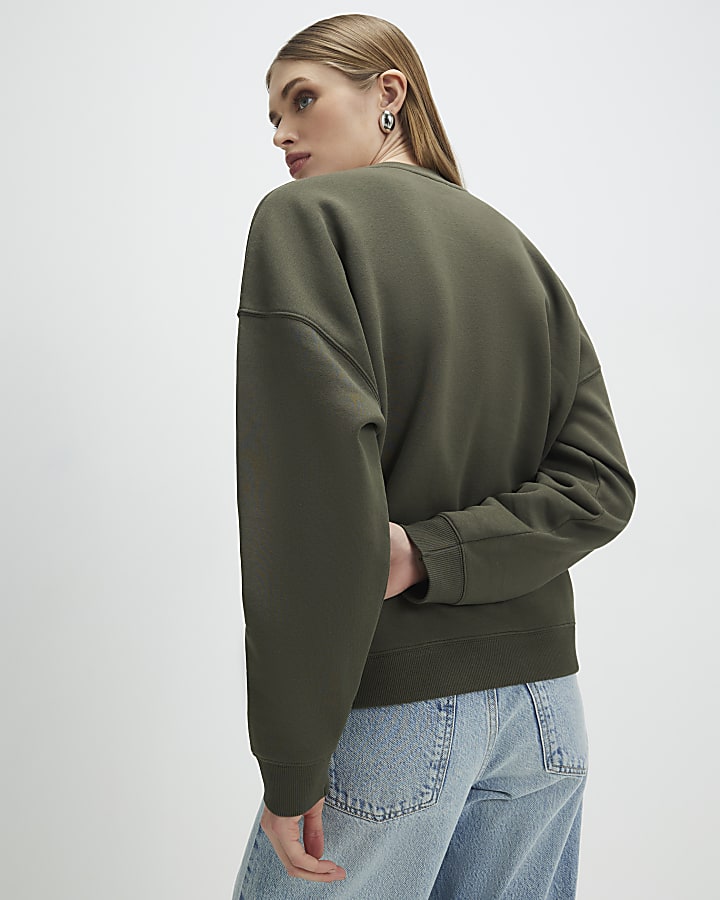 Khaki Contrast Embroidered Floral Sweatshirt