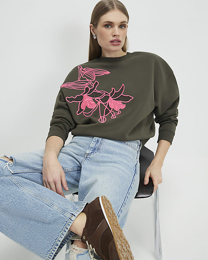 Khaki Contrast Embroidered Floral Sweatshirt