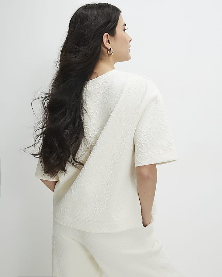 Petite Cream Short Sleeve Jacquard T-shirt