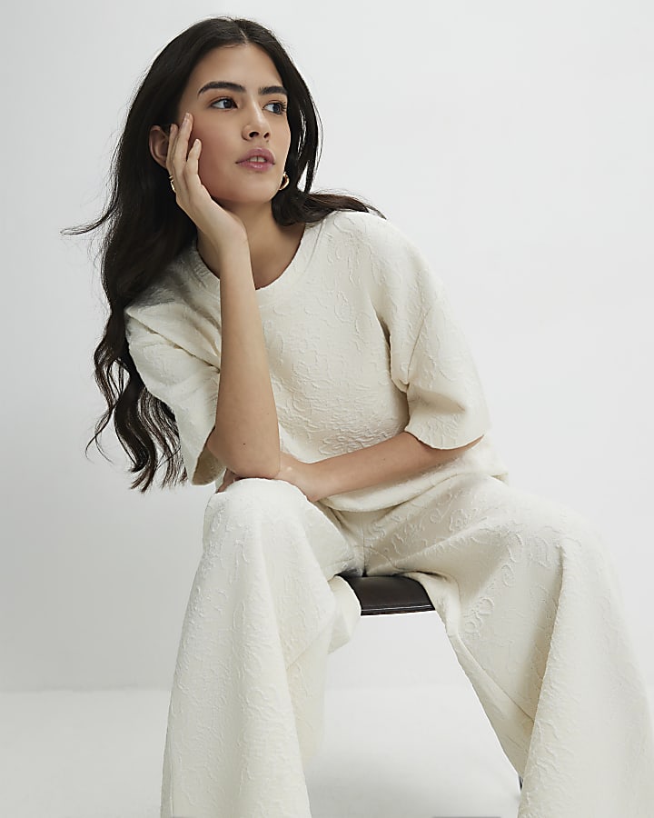 Petite Cream Short Sleeve Jacquard T-shirt