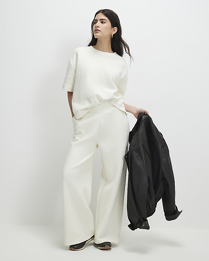 Petite Cream Short Sleeve Jacquard T-shirt