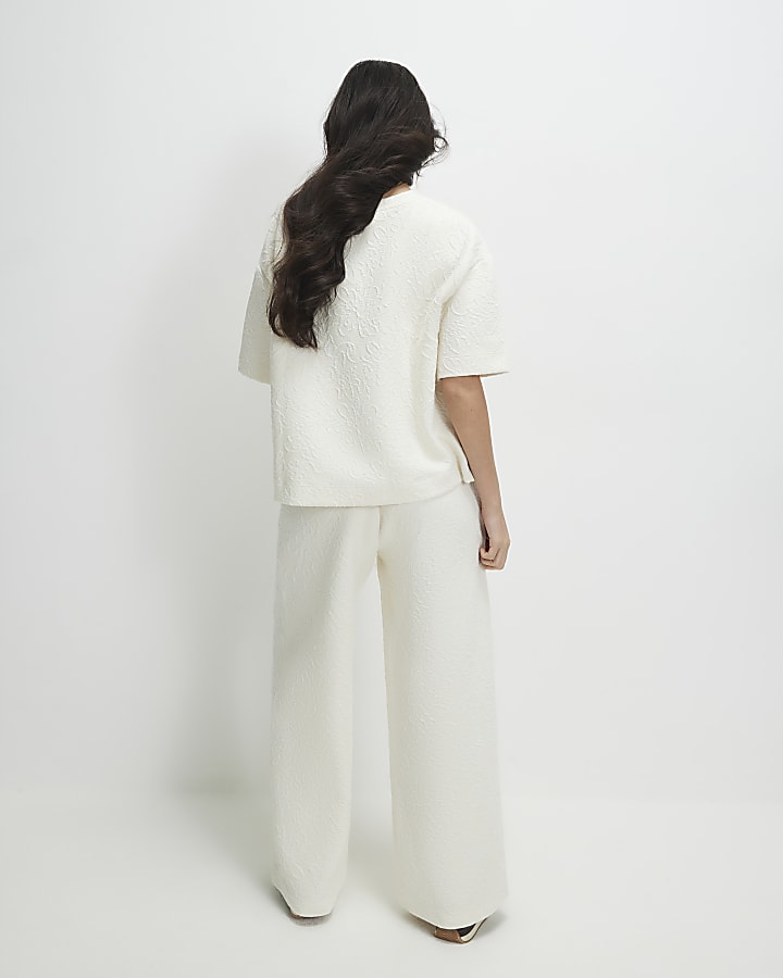 Cream Petite Jacquard Wide Trouser