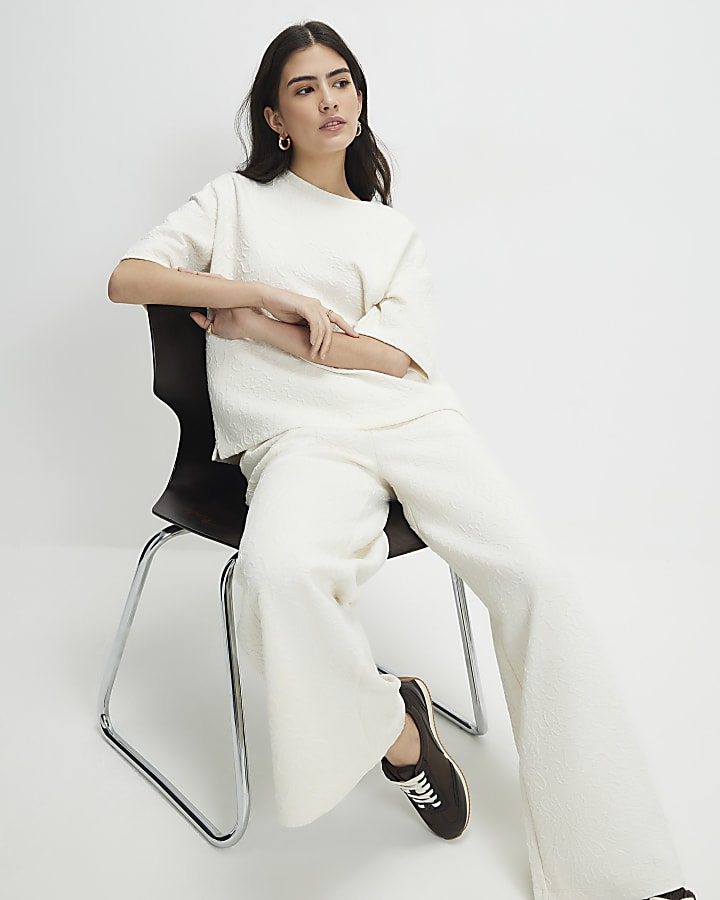 Cream Petite Jacquard Wide Trouser