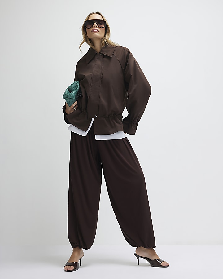 Brown Drop Hem Drawstring Jacket