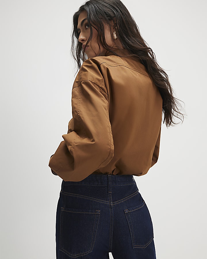 Brown Long Sleeve Bomber Jacket