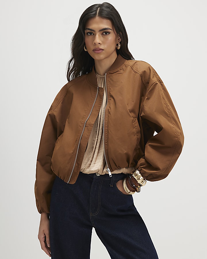 Brown Long Sleeve Bomber Jacket