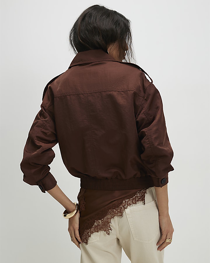 Brown Nylon Button Front Jacket