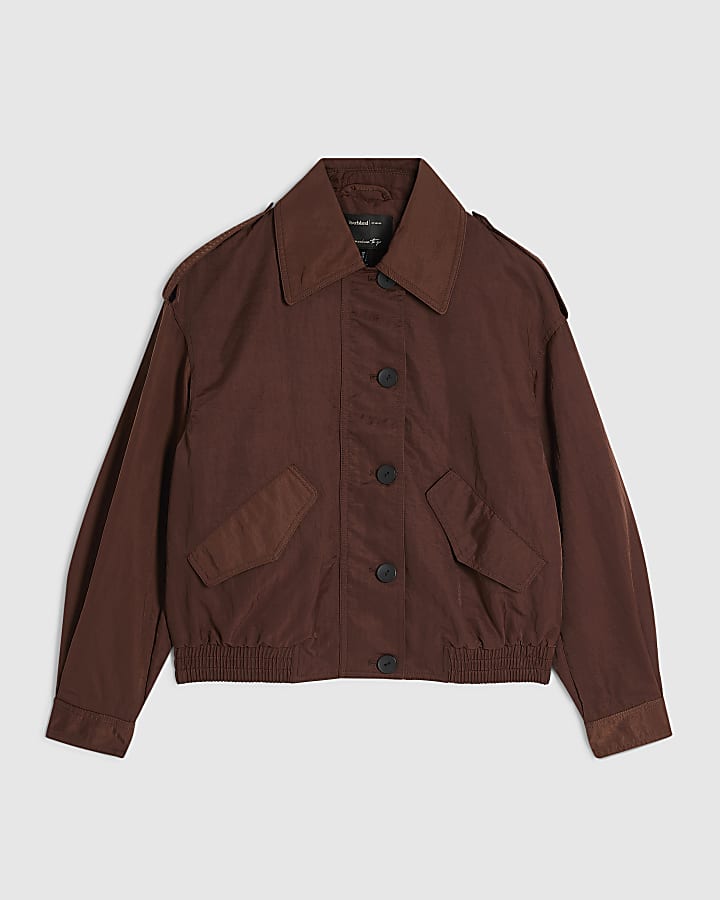Brown Nylon Button Front Jacket