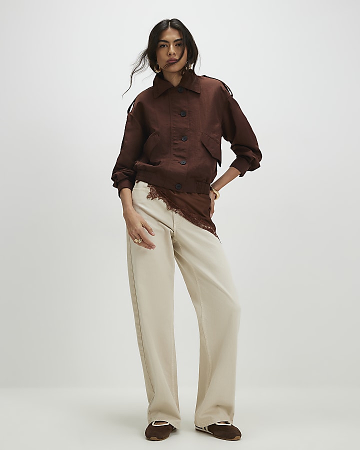 Brown Nylon Button Front Jacket