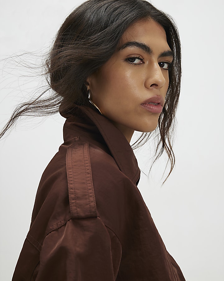 Brown Nylon Button Front Jacket