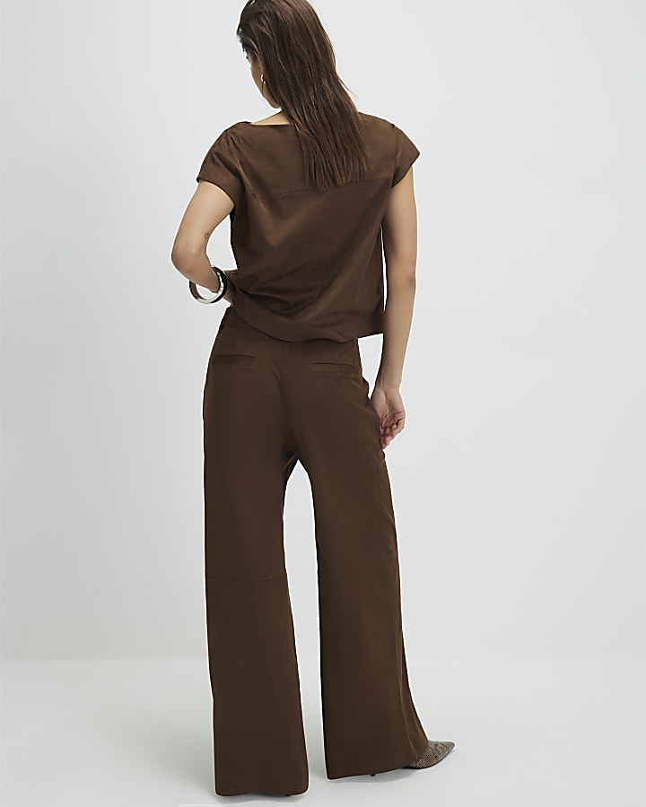 Brown Faux Suede Wide Leg Trousers