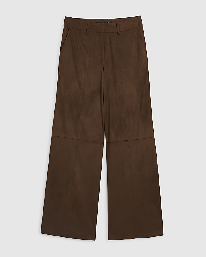 Brown Faux Suede Wide Leg Trousers