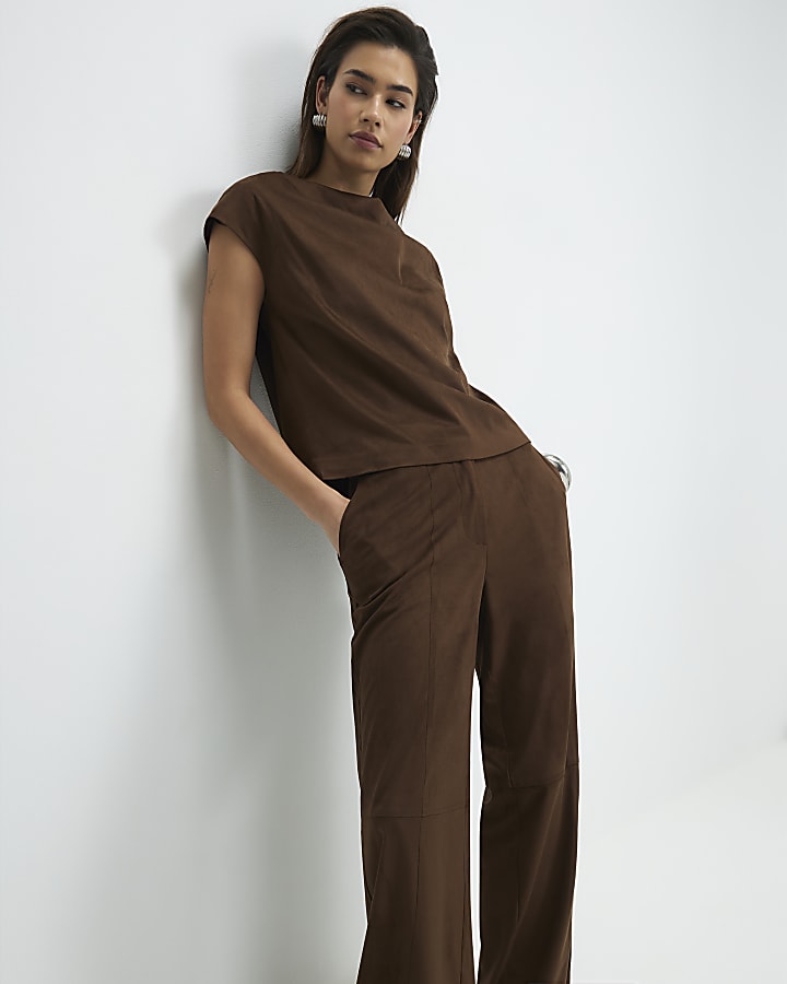 Brown Faux Suede Wide Leg Trousers