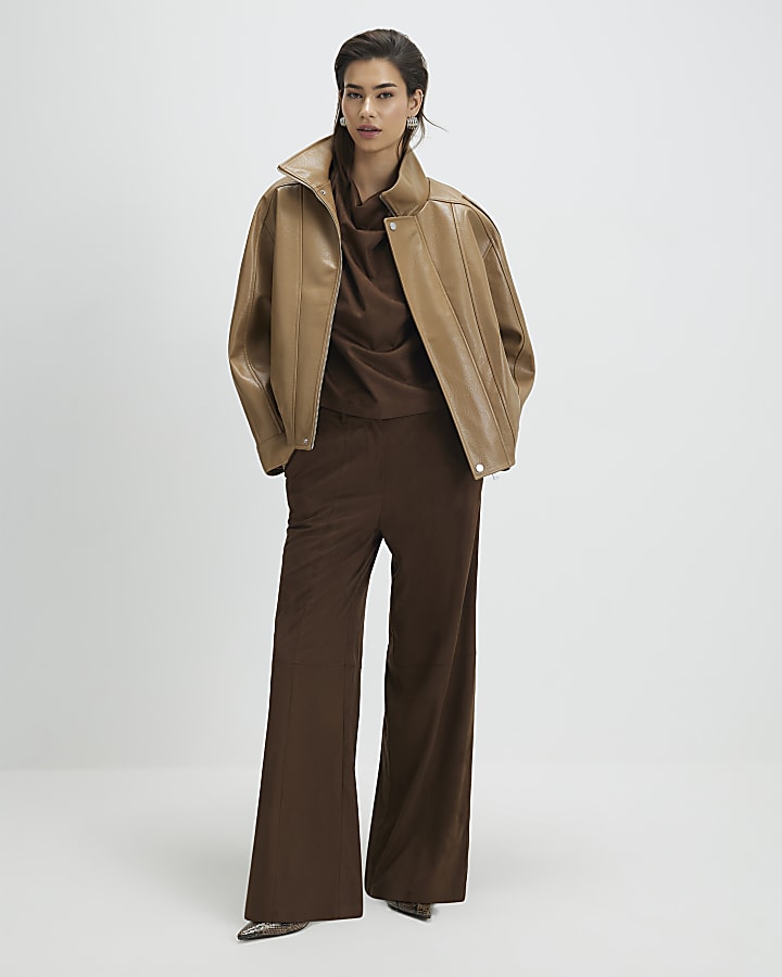 Brown Faux Suede Wide Leg Trousers