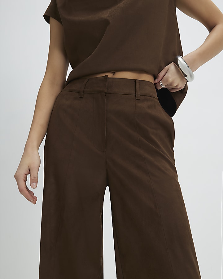 Brown Faux Suede Wide Leg Trousers