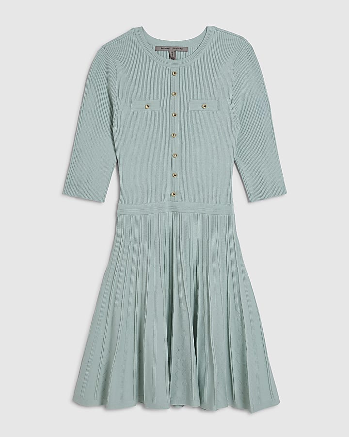 Green Knitted Pointelle Skater Mini Dress