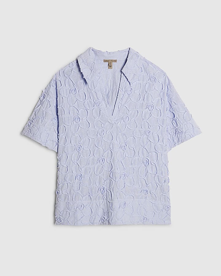 Blue Striped Flower Woven Polo Shirt