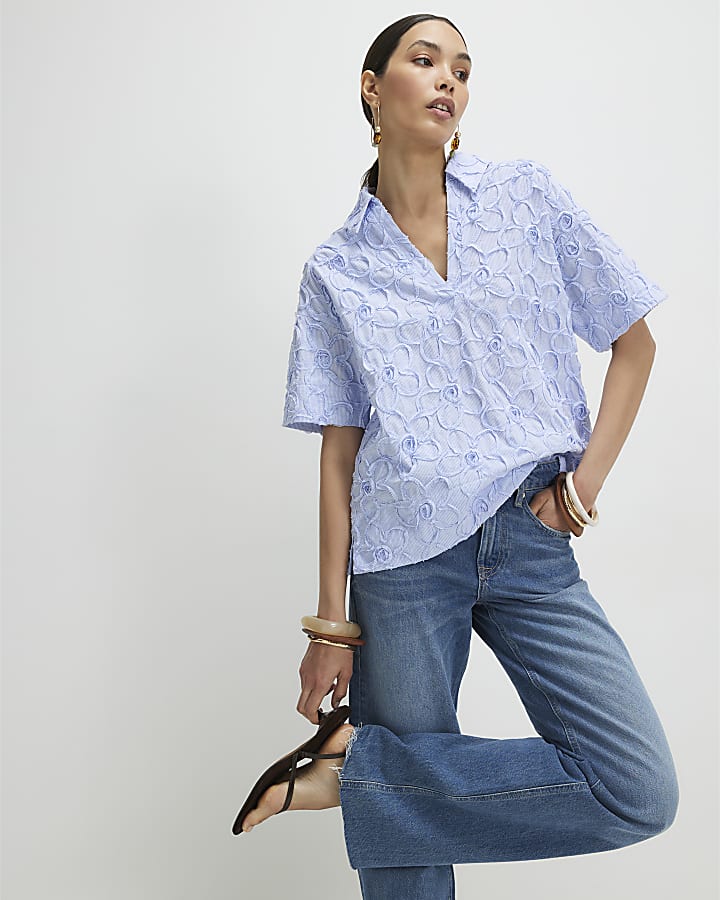 Blue Striped Flower Polo T-Shirt