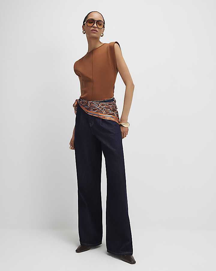 Brown Fitted Knit Brunch Top