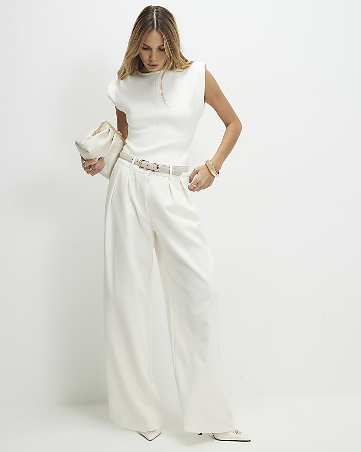 Cream Fitted Knit Sleeveless Top