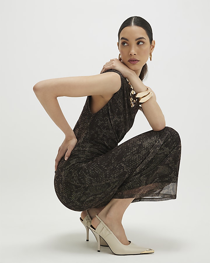 Grey Mesh Snake Print Sleeveless Maxi Dress