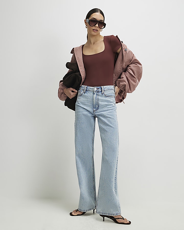 Brown Short Sleeve Scoop Neck Bodysuit