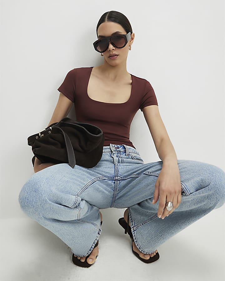 Brown Short Sleeve Scoop Neck Bodysuit